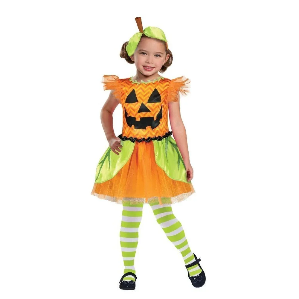 NWT Pumpkin Halloween Costume Girls Small 6/6X Dress Headband Jack O Lantern